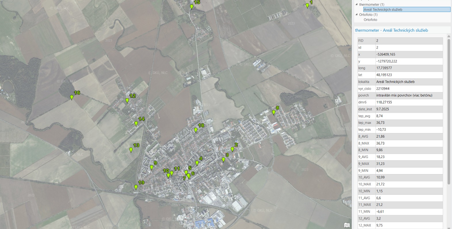 Mapa rozmiestnenia 19 terénnych meračov v Galante s atribútovými dátami